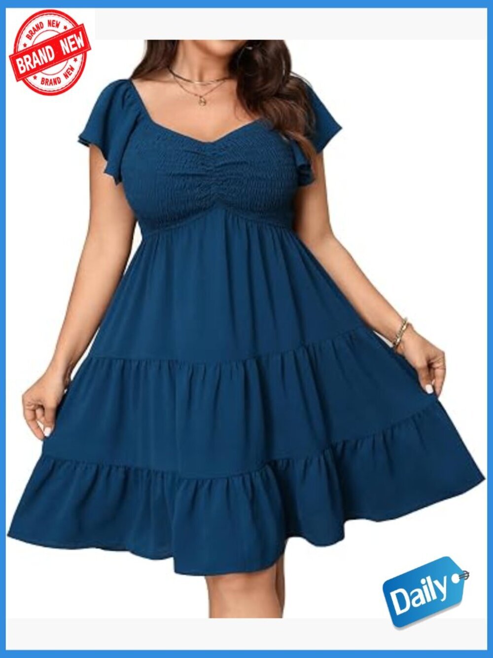 Plus Size Summer Dress Sweetheart Neckline Empire Waist Smocked Flutter Sleeve
